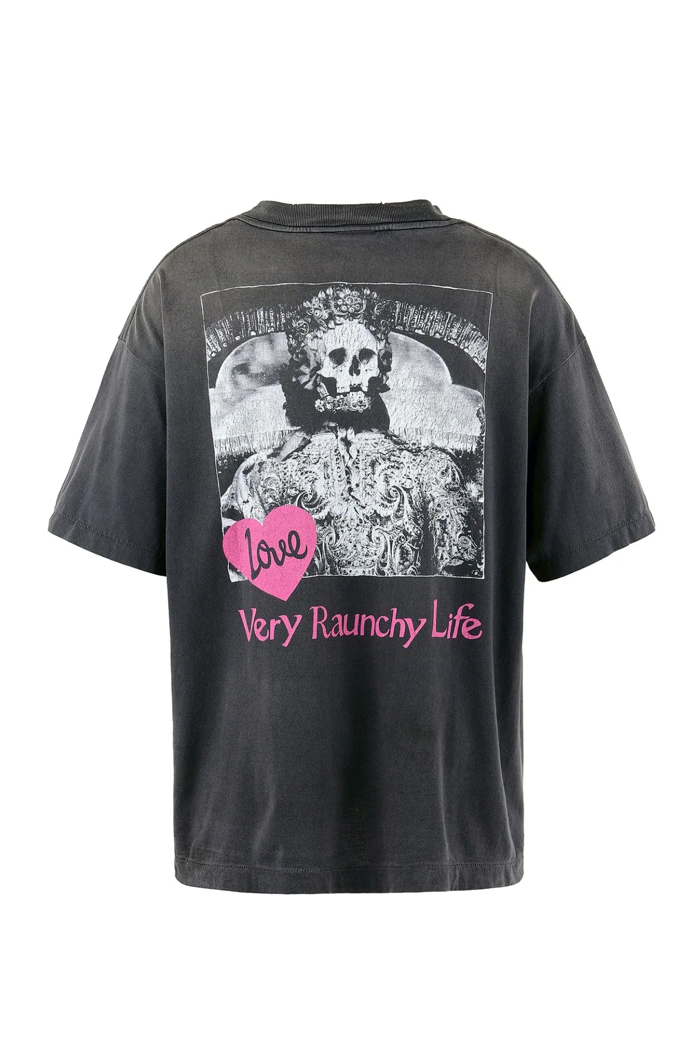 SAINT Mxxxxxx SS TEE/LOVE/BLK LOVE Pink Love Skull Distressed TEE Washed Black S-XL Cylindrical Fabric Ready-made Assute Dyeing Ma Liu Fading Washing Technology Top Printing Technology Handmade Graffiti Splashing Ink Correct Main Mark/Wash Mark/Anti-Counterfeiting Label Top Purchasing Level